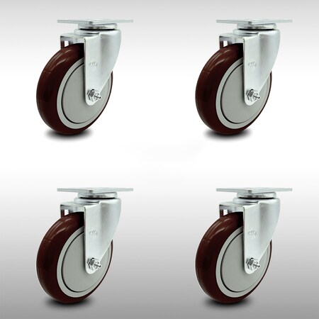 Service Caster 5 Inch SS Maroon Polyurethane Wheel Swivel Top Plate Caster Set SCC-SS20S514-PPUB-MRN-4